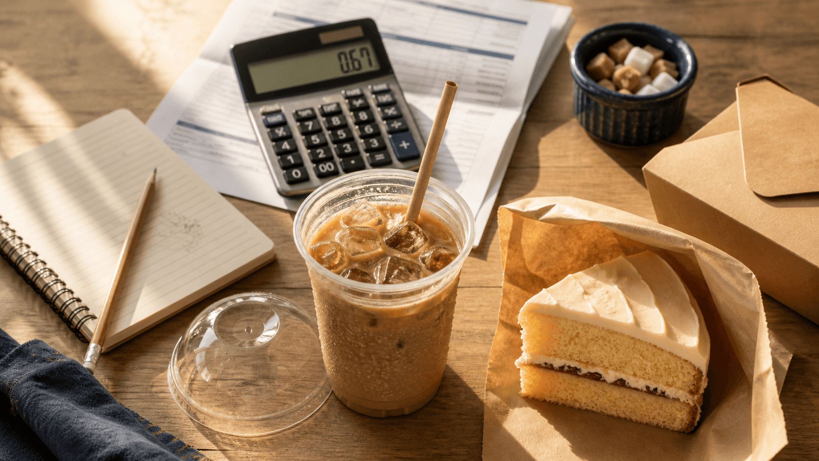 An iced latte in a clear takeaway cup next to a slice of cake in a paper bag on a sunlit café counter, with HMRC VAT paperwork and a calculator visible