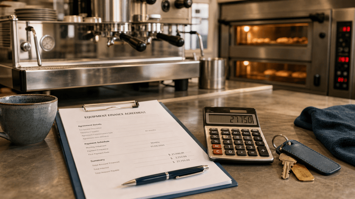 A commercial espresso machine and deck oven in a café kitchen with a finance agreement and calculator on the counter beside them