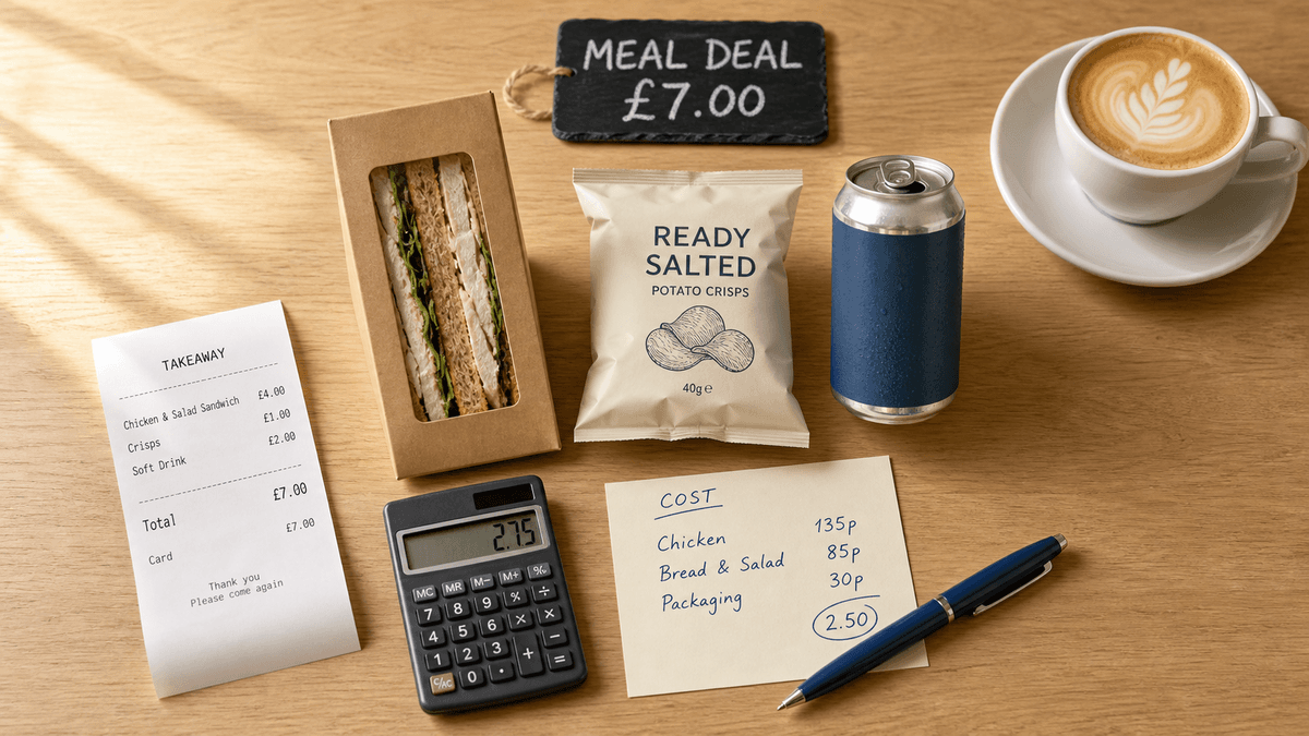 Overhead flat-lay of a takeaway lunch deal on a café counter: a boxed cold sandwich, a bag of crisps and a canned drink beside a printed till receipt and a calculator