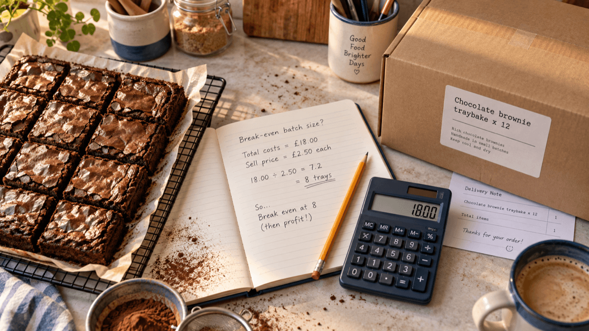 A café kitchen bench with a home-baked tray of brownies on one side and an unopened wholesale box of the same product on the other, a notebook between them showing a short division sum, in warm daylight