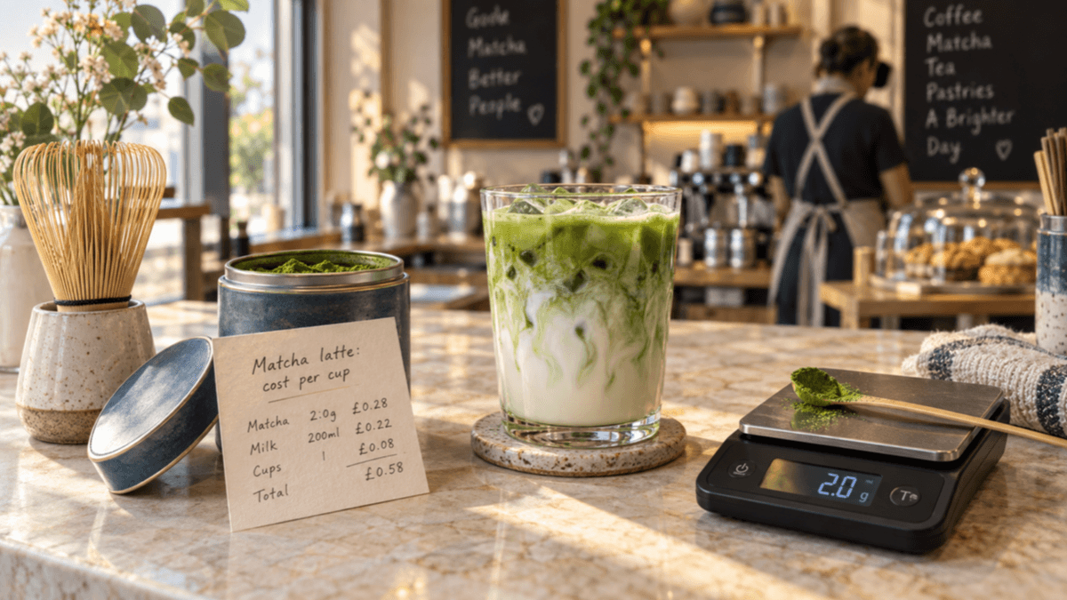 A bamboo whisk and an open tin of matcha on a café counter beside an iced matcha latte and a small digital scale showing a two gram dose in soft window light
