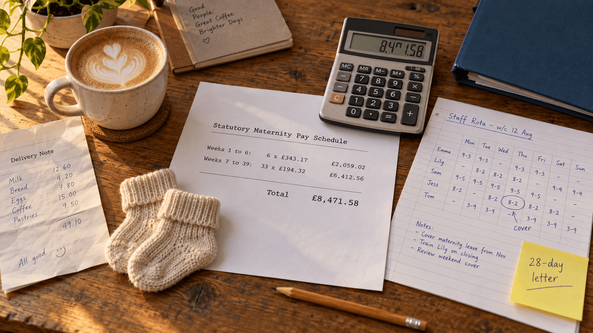 Overhead view of a café back office table with a printed maternity pay schedule, a calculator showing 8,471.58, a handwritten cover rota, a blue folder and a small pair of knitted baby socks beside a flat white in warm light