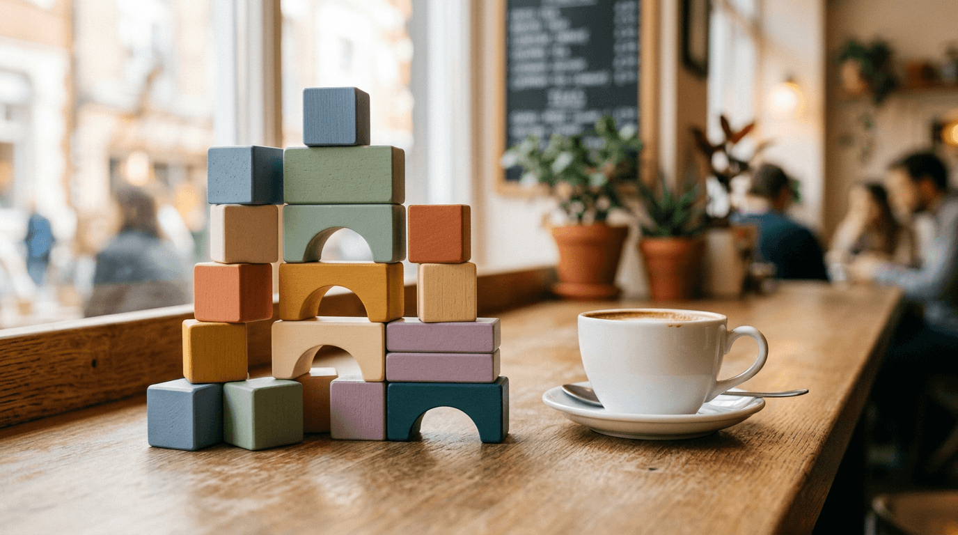 Colourful building blocks arranged on a café counter next to a coffee cup, representing modular software components
