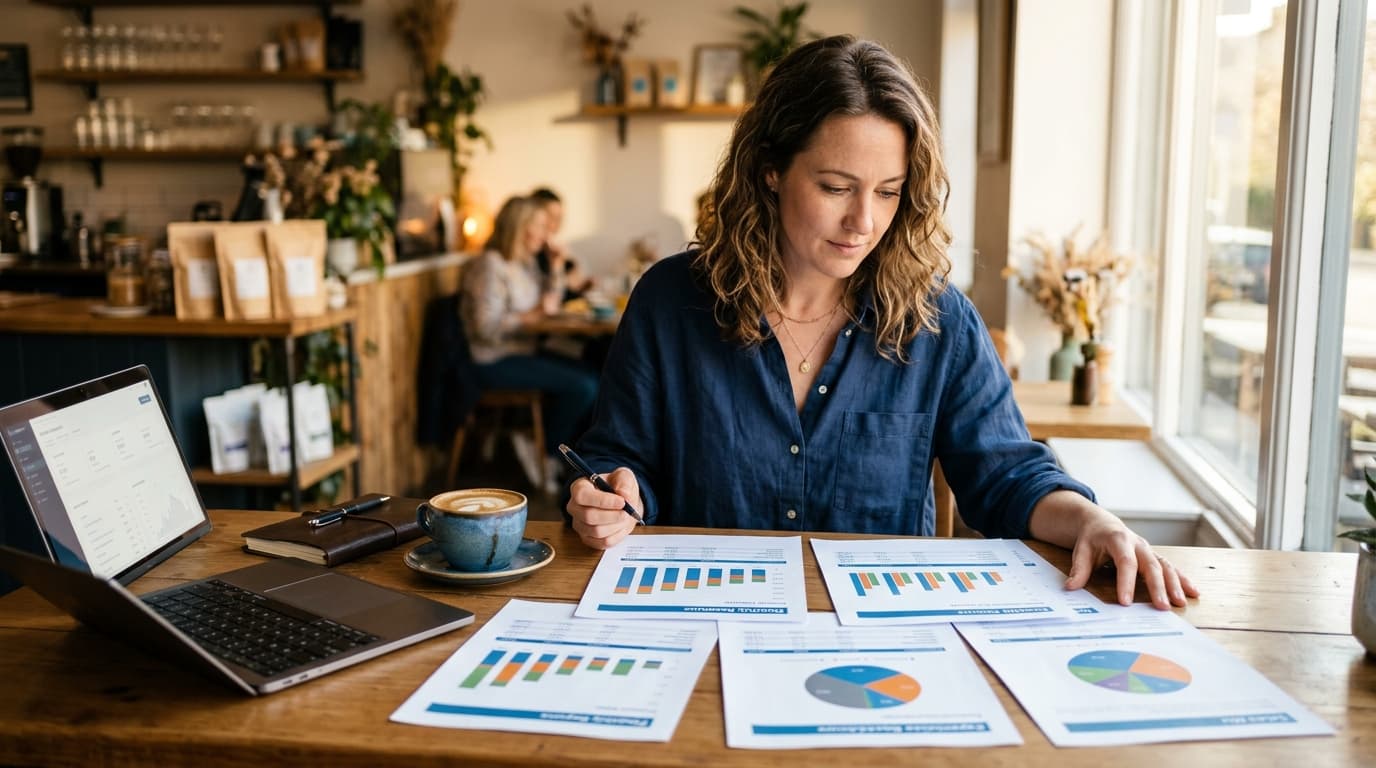 A café owner reviewing printed financial reports at a desk with a laptop and coffee cup