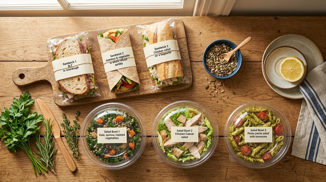 Pre-packed sandwiches on a café counter with visible ingredient labels, warm light, soft focus