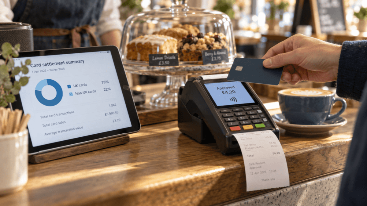 A card reader on a café counter showing an approved payment while a customer holds a foreign bank card, a tablet beside the till displaying a settlement summary in bright afternoon light