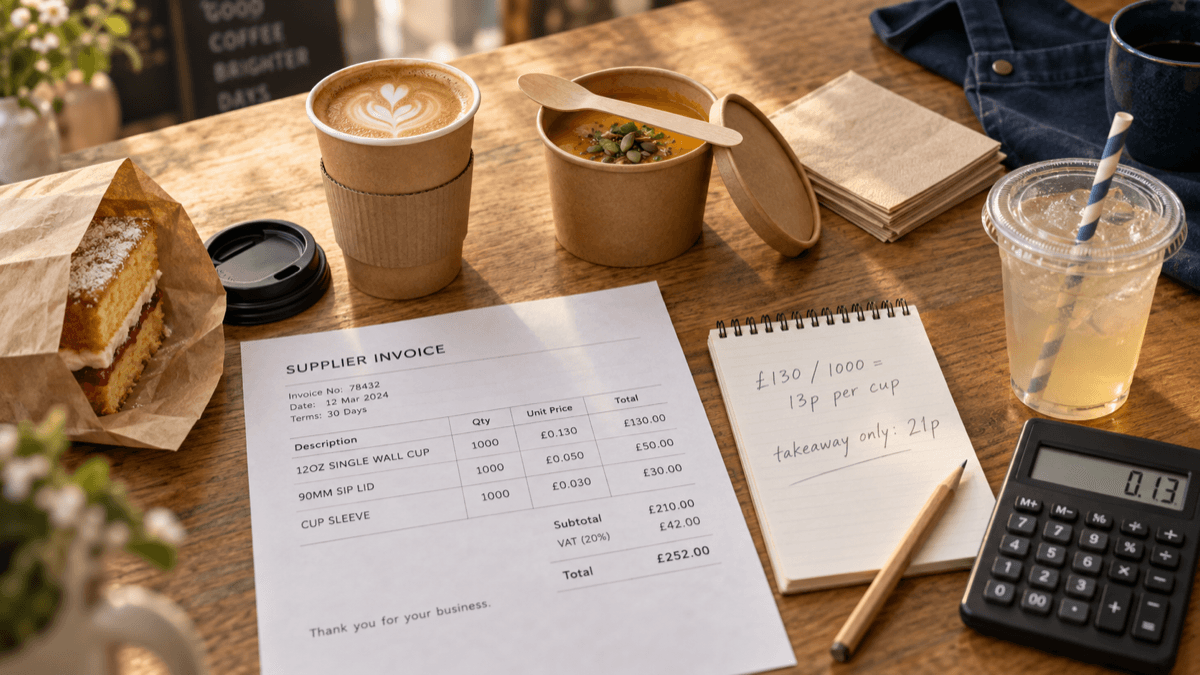 Overhead flat-lay of a café counter with a takeaway cup, lid, sleeve, paper cake bag and a soup pot beside a supplier invoice, calculator and handwritten cost-per-unit notes in warm golden light
