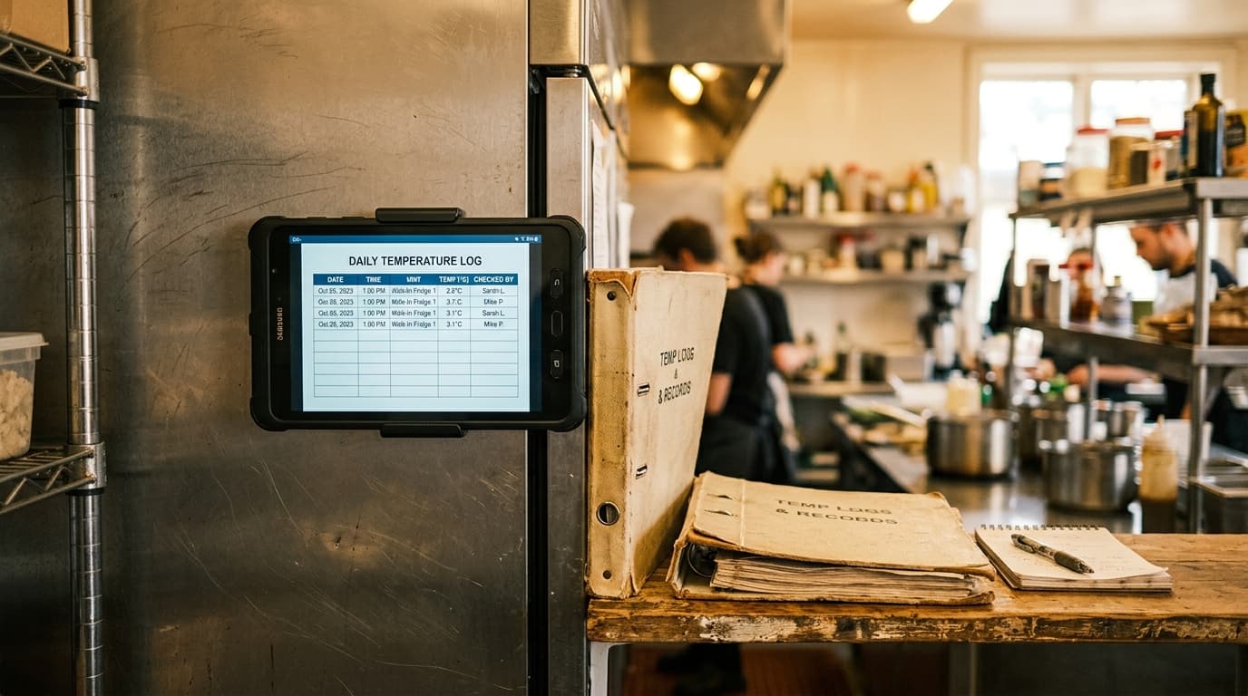 A tablet mounted next to a café fridge showing a temperature log screen, with a retired paper folder beside it