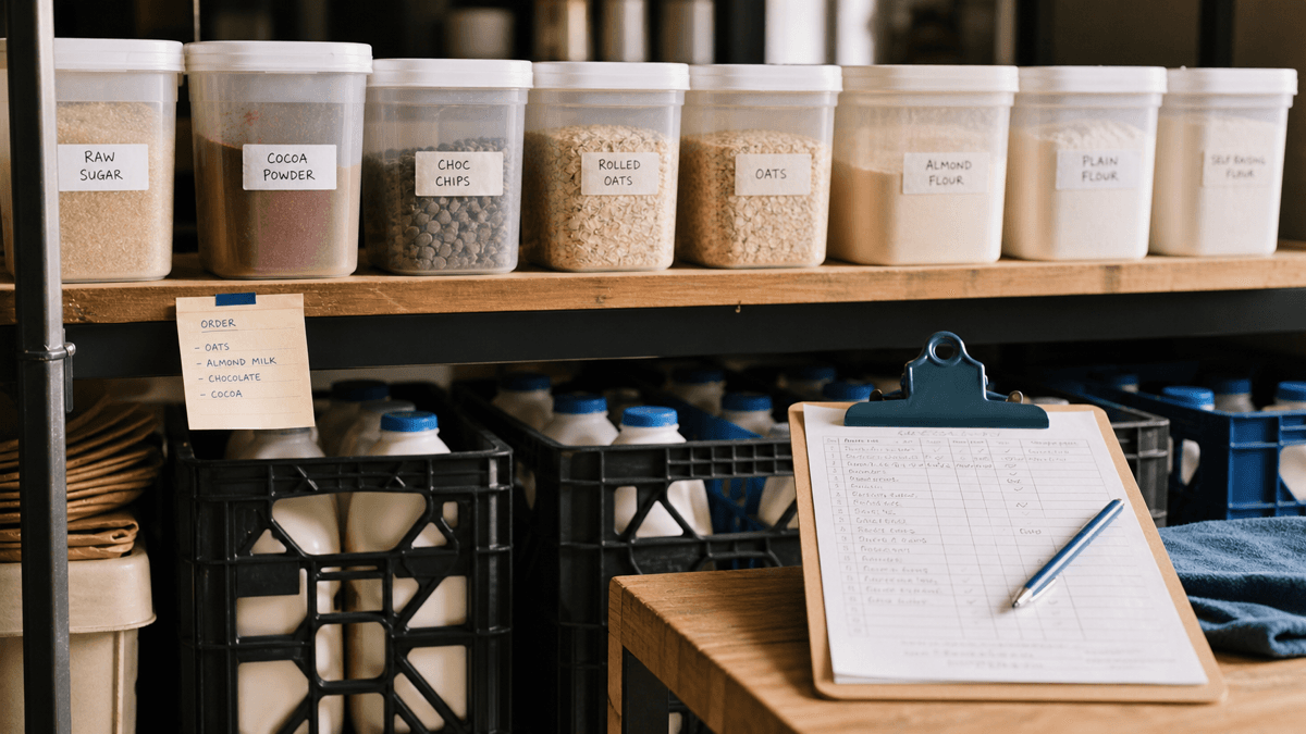 A café stockroom shelf of labelled ingredient tubs and milk crates with a clipboard of par-level figures and an ordering sheet in the foreground, calm natural light
