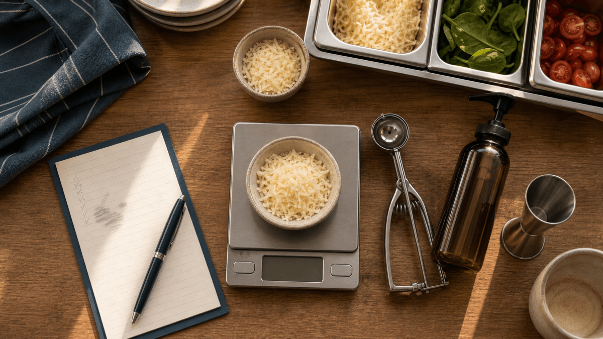 Café prep bench flat-lay with a kitchen scale, portion scoop, syrup pump and jigger measure