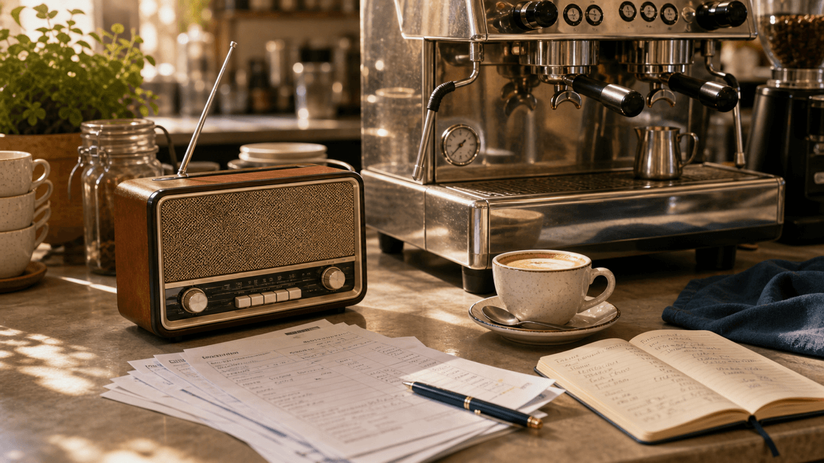 A café counter with a small radio and a coffee machine, warm morning light