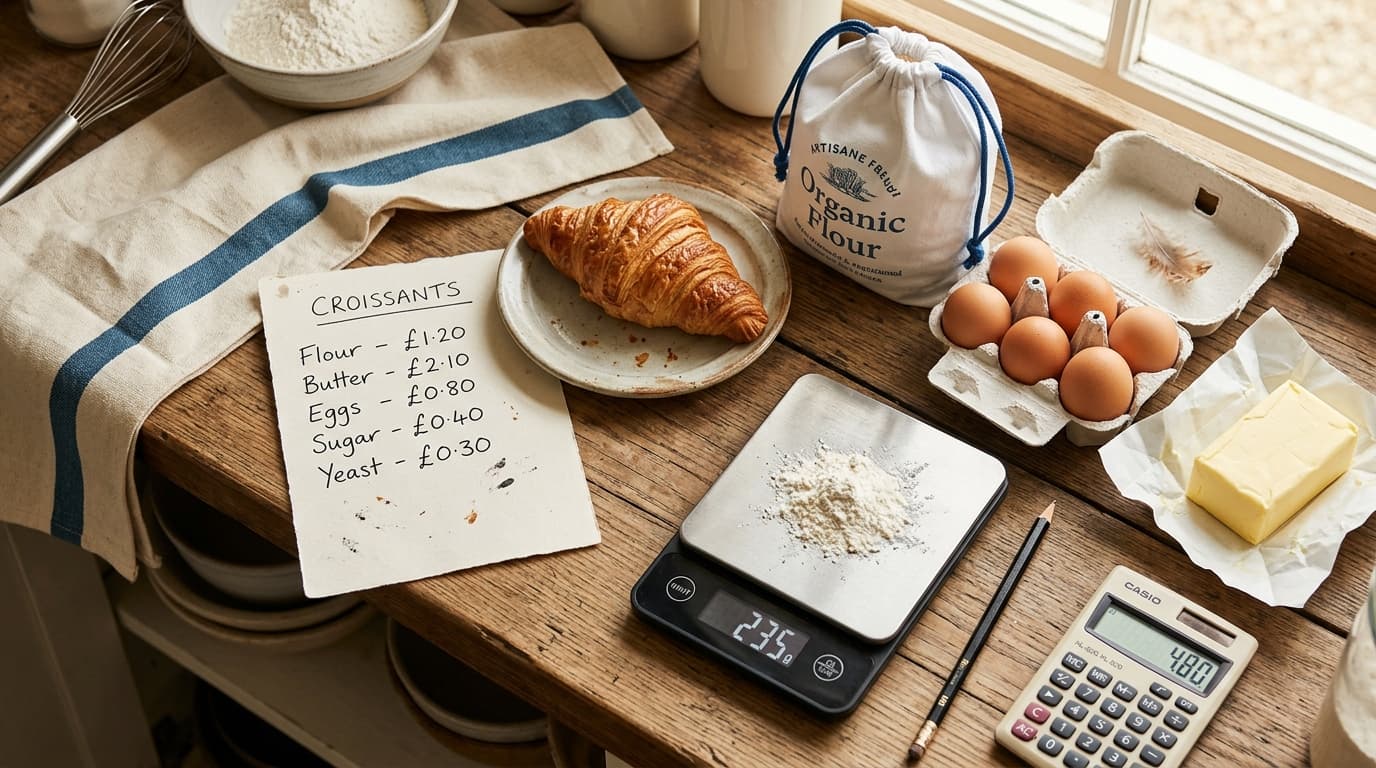 A recipe card with ingredient costs next to fresh croissants, flour, and a calculator on a café kitchen counter