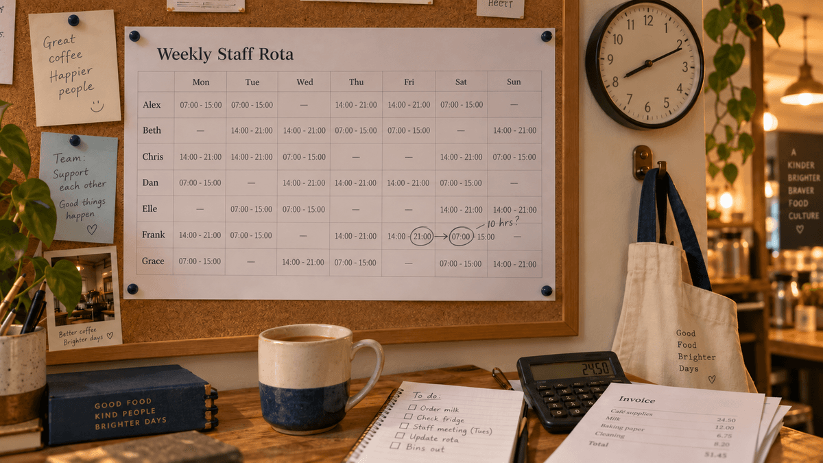A café back-office corkboard with a printed weekly staff rota where a Friday finish at 21:00 and a Saturday start at 07:00 are circled in pencil beside a note reading 10 hrs?, with a wall clock, an apron on a hook and a mug of tea on the desk in warm evening light