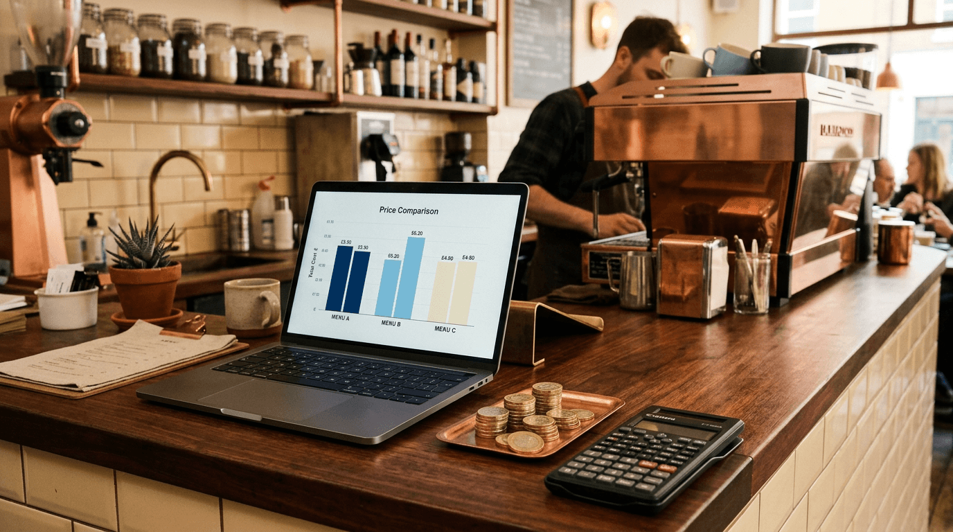 A café counter with a calculator, a stack of pound coins, and a laptop showing a pricing comparison chart