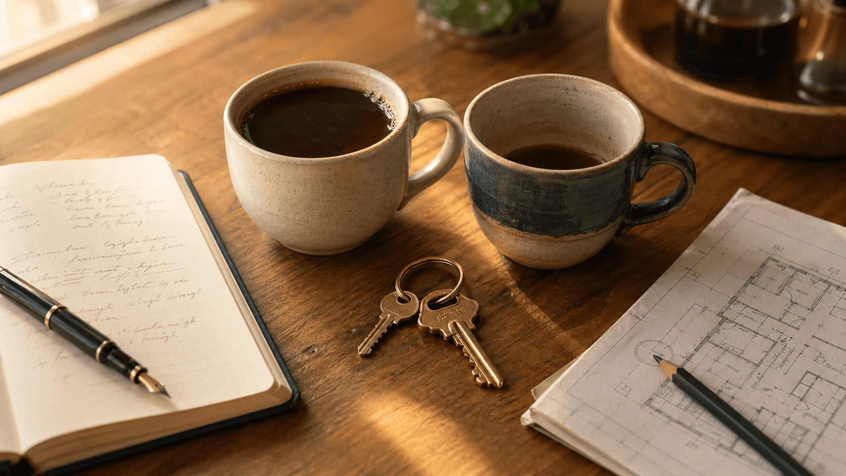 Two coffee cups side by side on a wooden counter, one slightly fuller than the other, with a small notebook and a set of keys to two locations