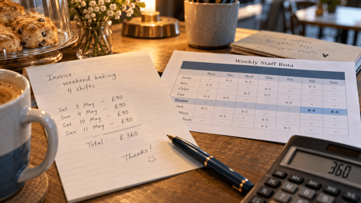 A café office desk at night with a handwritten invoice from a weekend baker lying beside a printed weekly rota showing the same name in the same two shifts, a calculator and a mug under warm lamp light