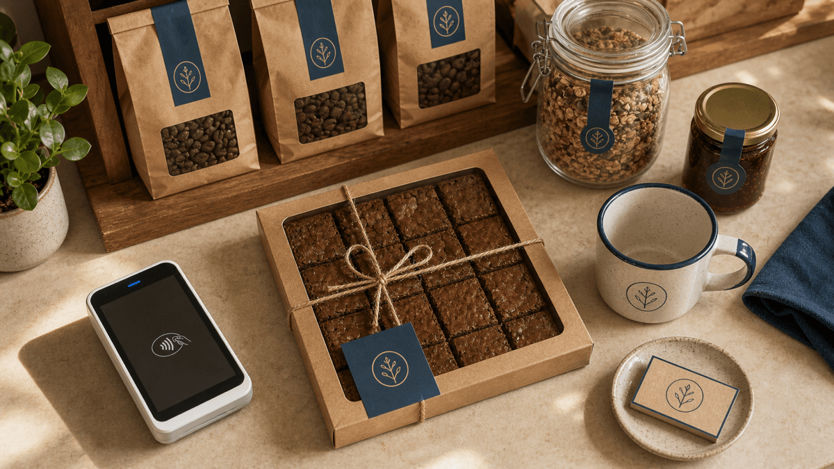 A café retail shelf with bags of coffee beans, boxed cakes and branded merchandise