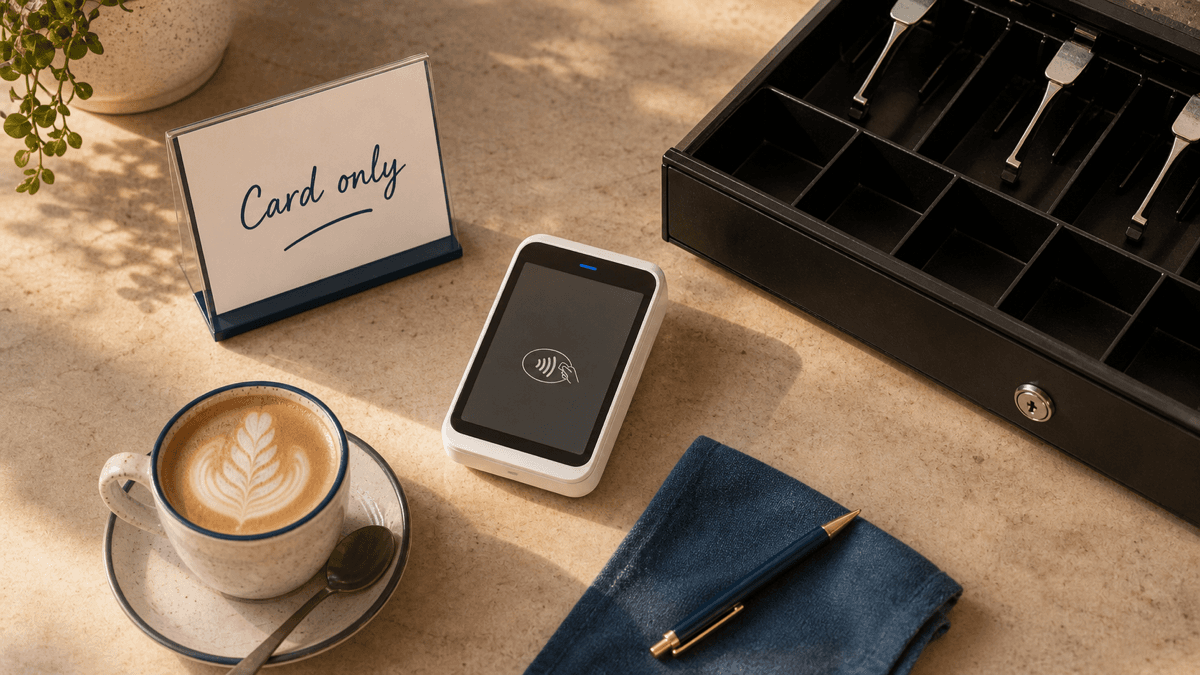 A café counter with a card reader, a 'card only' sign, and an empty cash drawer in warm morning light