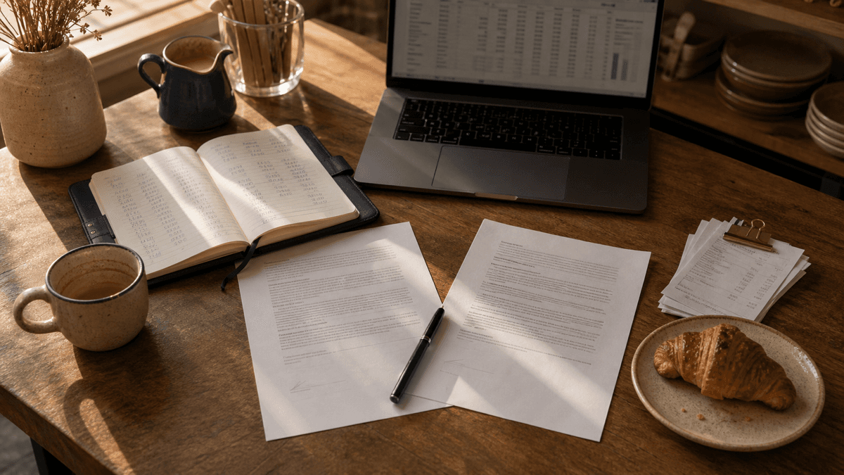 Overhead view of a café counter with two contracts side by side, a notebook of handwritten figures, a laptop, a mug of coffee, and a croissant in warm morning light.