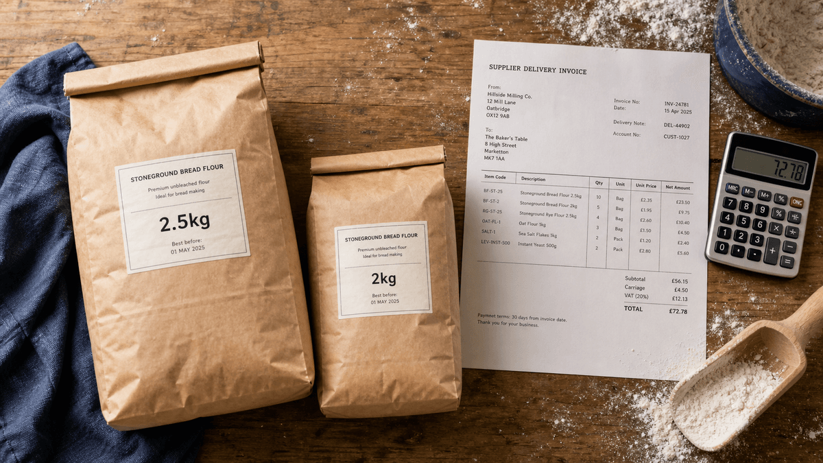 Overhead flat-lay on a bakery counter of two flour bags in slightly different sizes beside a supplier invoice and a calculator, warm cream tones and soft golden light