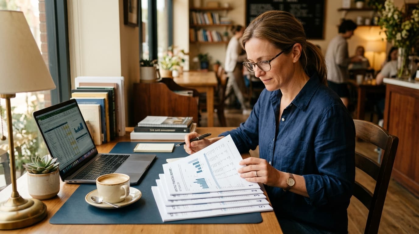 A weekly staff rota on a clipboard next to a calculator and coffee cup on a café counter