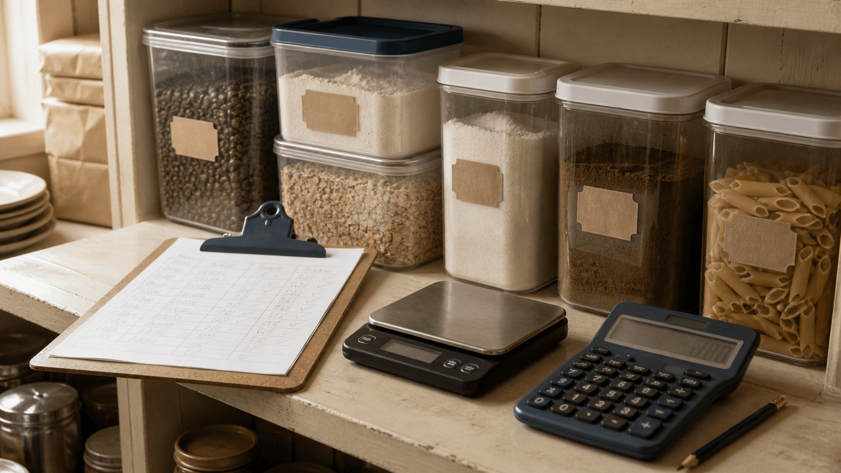A stockroom shelf with labelled containers of café ingredients, a clipboard with a handwritten stock count and a calculator showing a variance figure