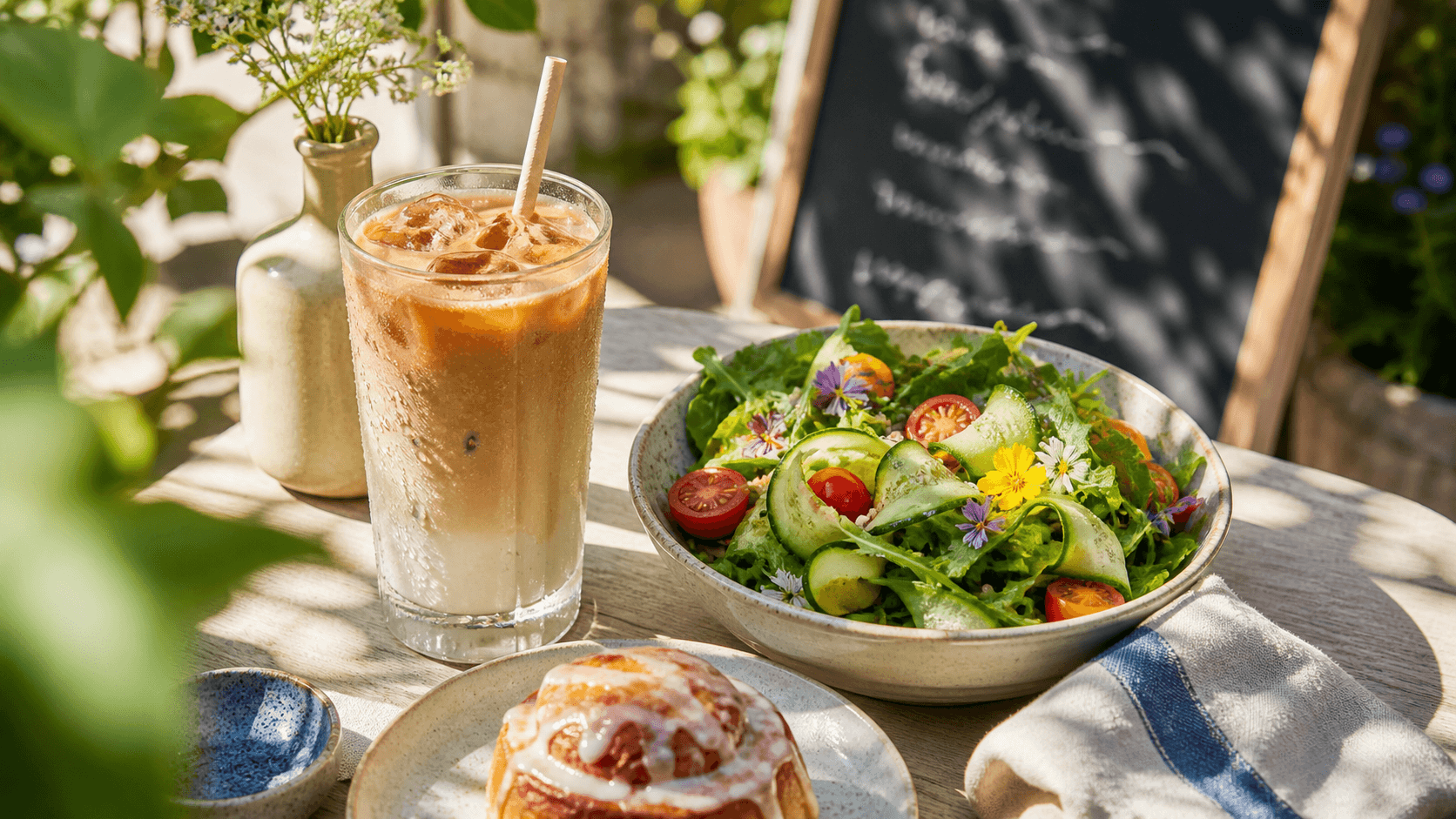 A sunny café terrace with iced lattes, a salad bowl and an iced bun on an outdoor table, with menu changes pinned to a chalkboard
