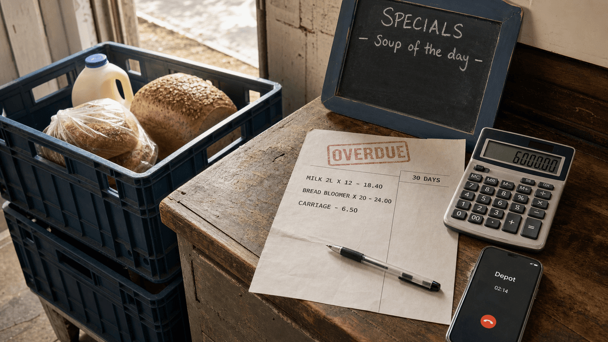 Café back door in morning light with delivery crates, an overdue supplier statement showing printed line items, a mobile phone face up mid-call, and a chalkboard with a half-written specials list