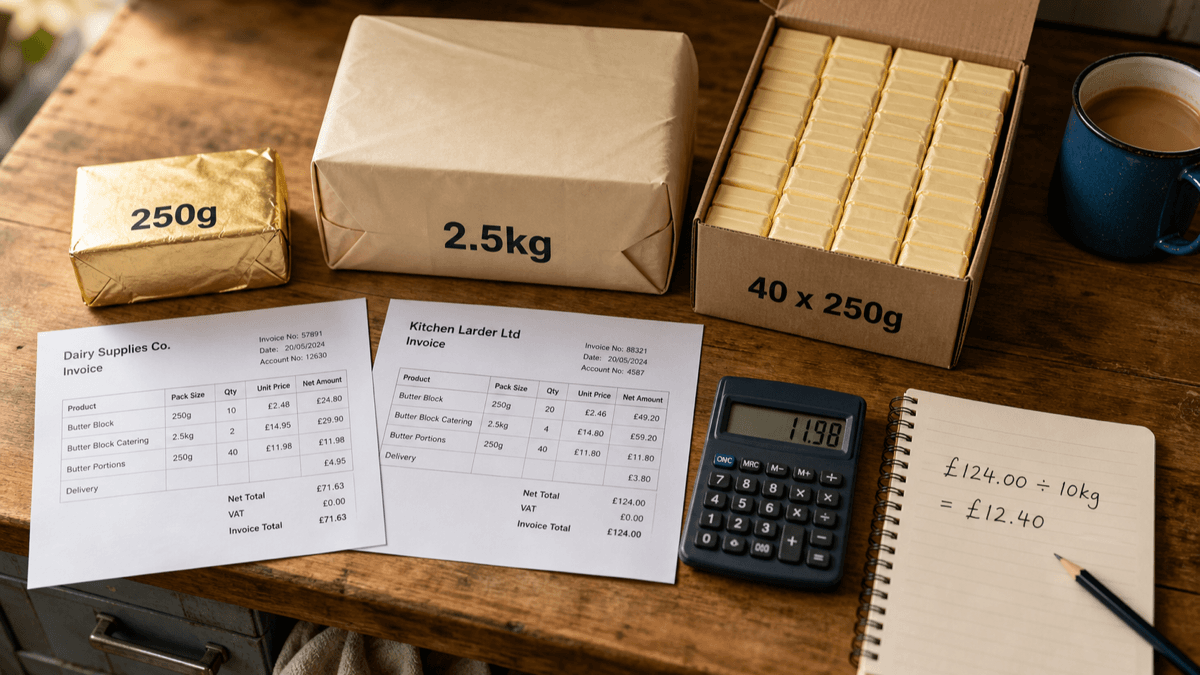 Overhead flat-lay of three different butter packs on a café prep bench beside two supplier invoices, a calculator and a notebook, in warm golden light