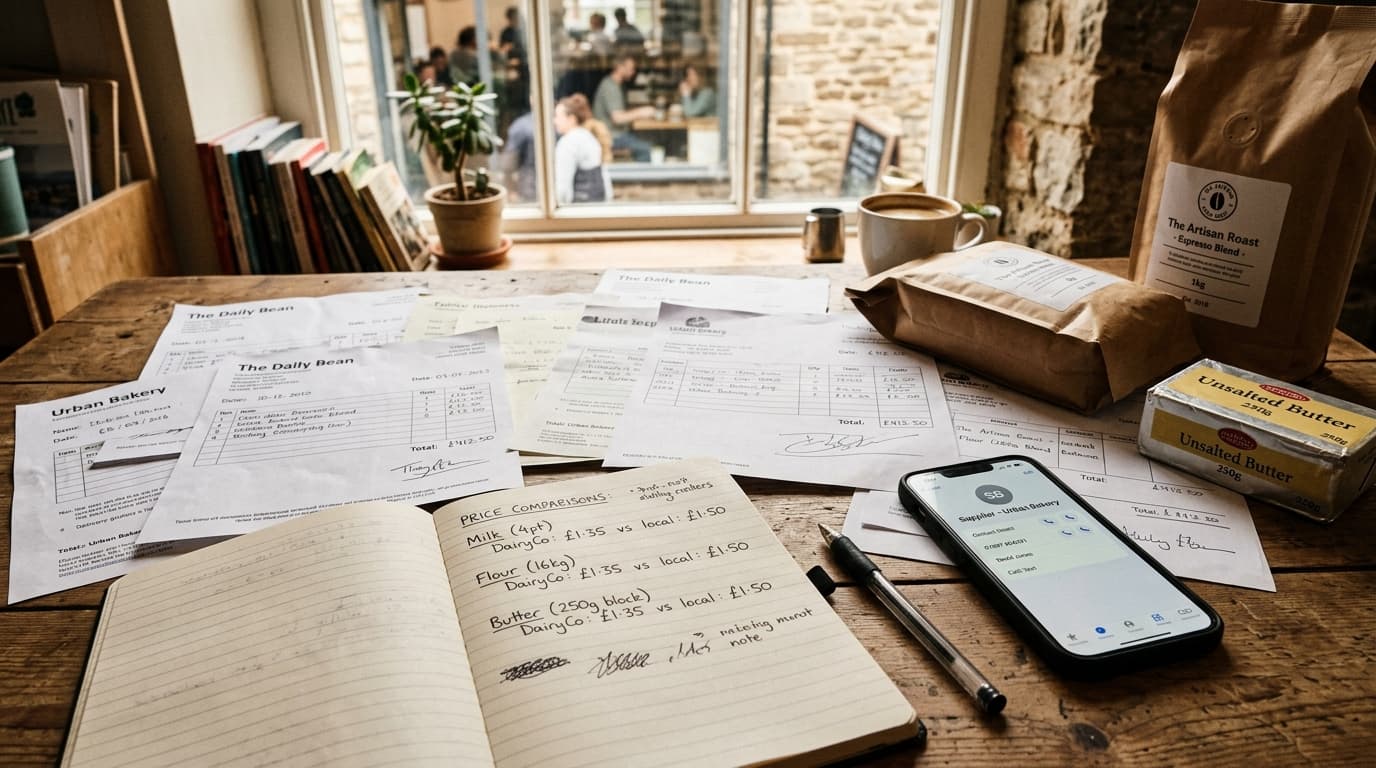 A café owner's desk with supplier invoices, handwritten price comparisons in a notebook, a pen, and a bag of coffee beans - representing supplier negotiation