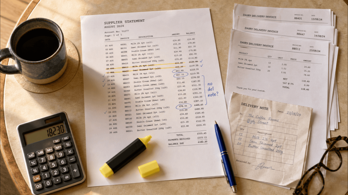 Overhead flat-lay of a printed supplier statement with lines ticked in yellow highlighter, a stack of delivery invoices, a calculator and a mug of coffee on a warm cream café table in soft golden light