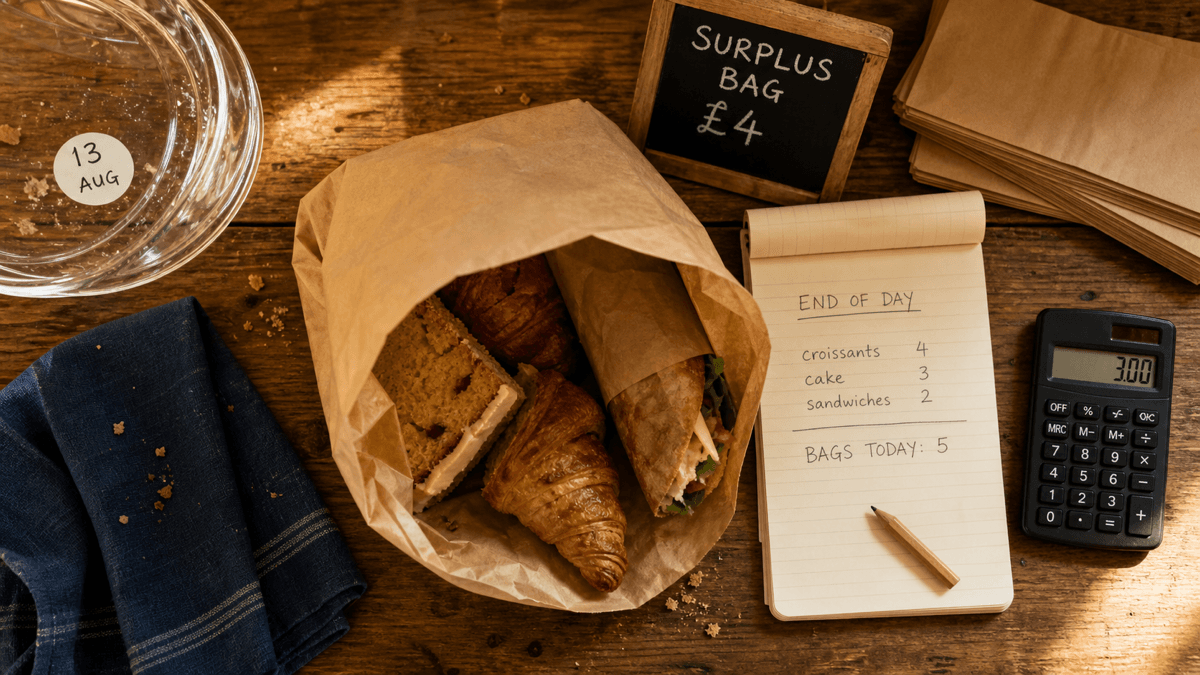 Overhead flat-lay of a brown paper surplus bag at a café counter near closing, filled with unsold pastries, beside a handwritten end-of-day waste tally and a calculator