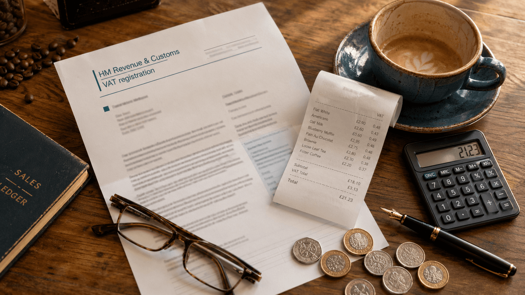 A café till receipt and HMRC VAT registration paperwork laid on a wooden counter next to a flat white and a calculator