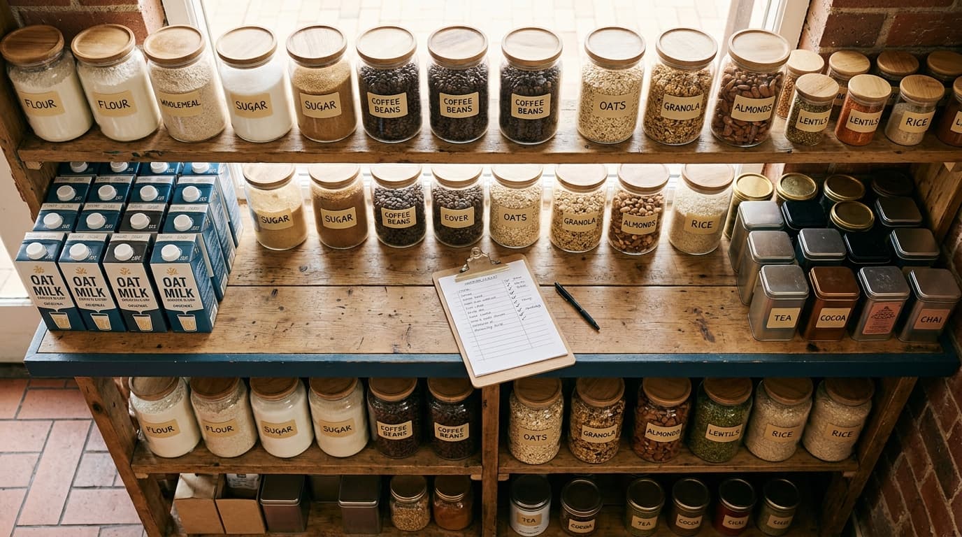 Stainless steel café shelves with neatly labelled stock containers, a clipboard resting on the shelf