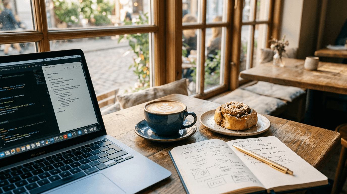 A laptop, flat white coffee, cinnamon bun, and notebook with scribbled ideas on a café table by a sunlit window