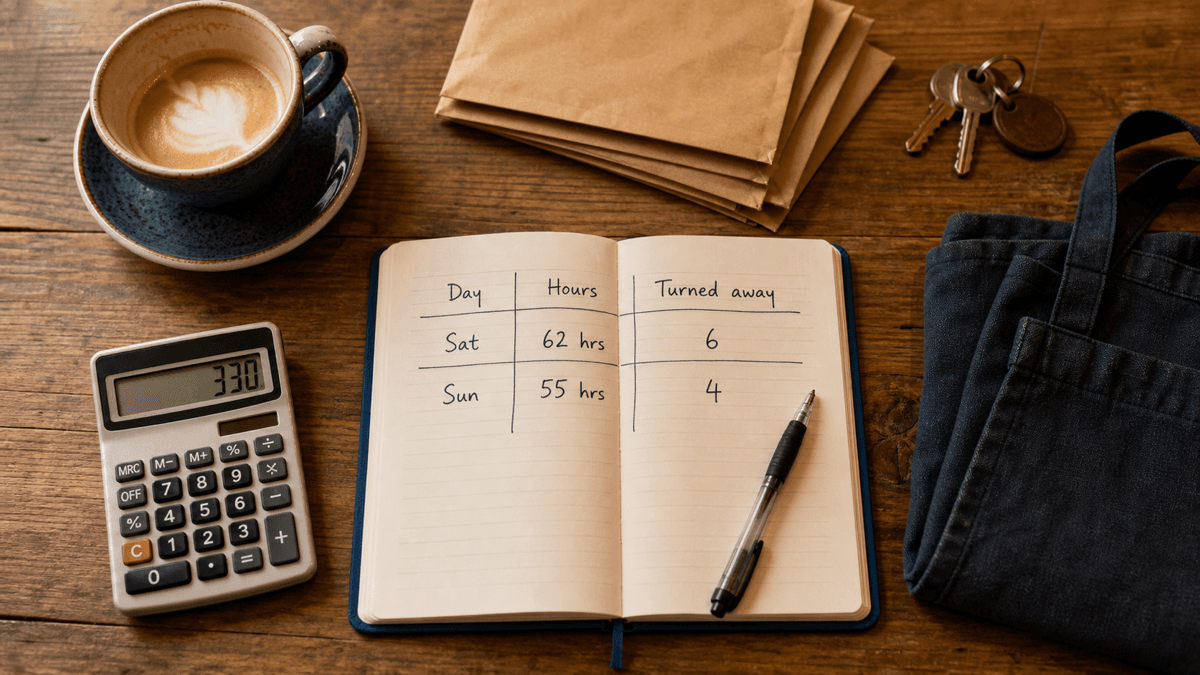 A solo café owner's counter at close, with a handwritten hours-and-takings notebook, a calculator showing a break-even figure, a flat white, and a stack of unopened supplier post
