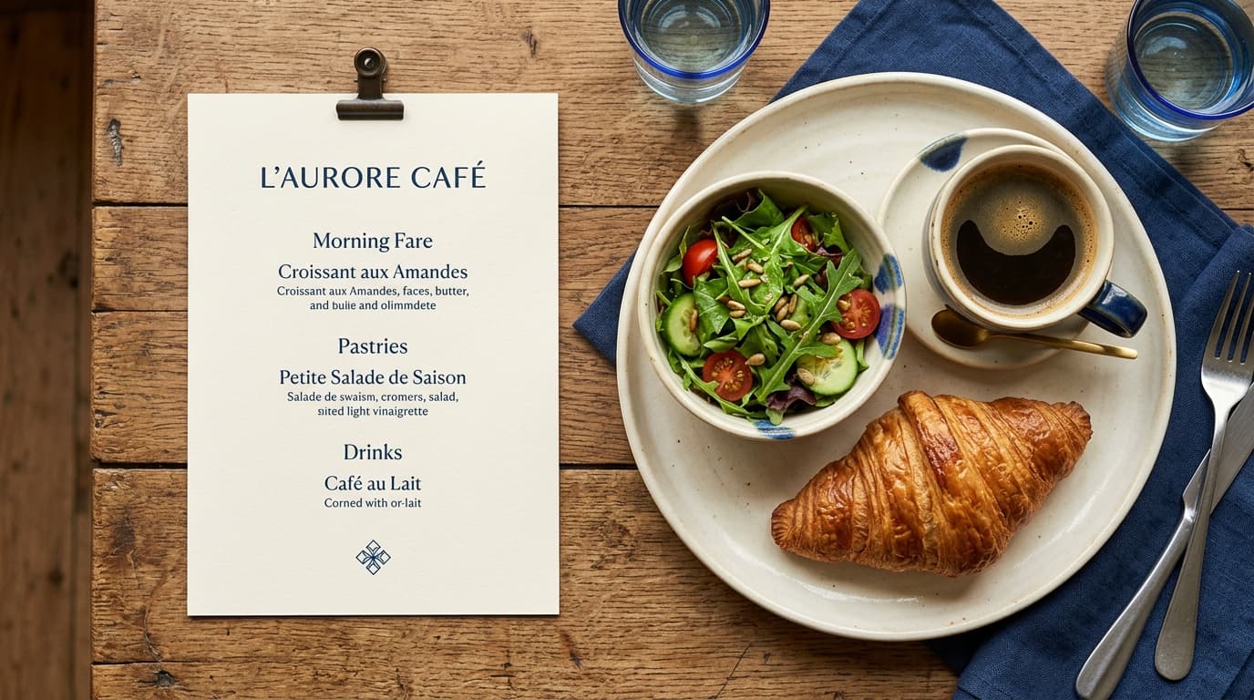 A clean, minimal café menu card next to a beautifully presented plate with a croissant, salad, and coffee on a warm wooden table