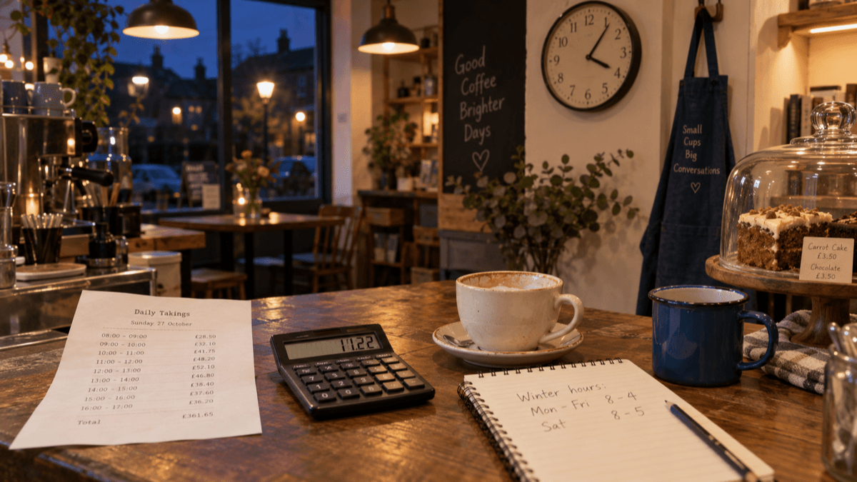 A café counter at dusk with a printed till report of hourly takings, a pencilled list of winter opening hours beside a calculator, a wall clock reading just after four and dark windows behind warm pendant lights