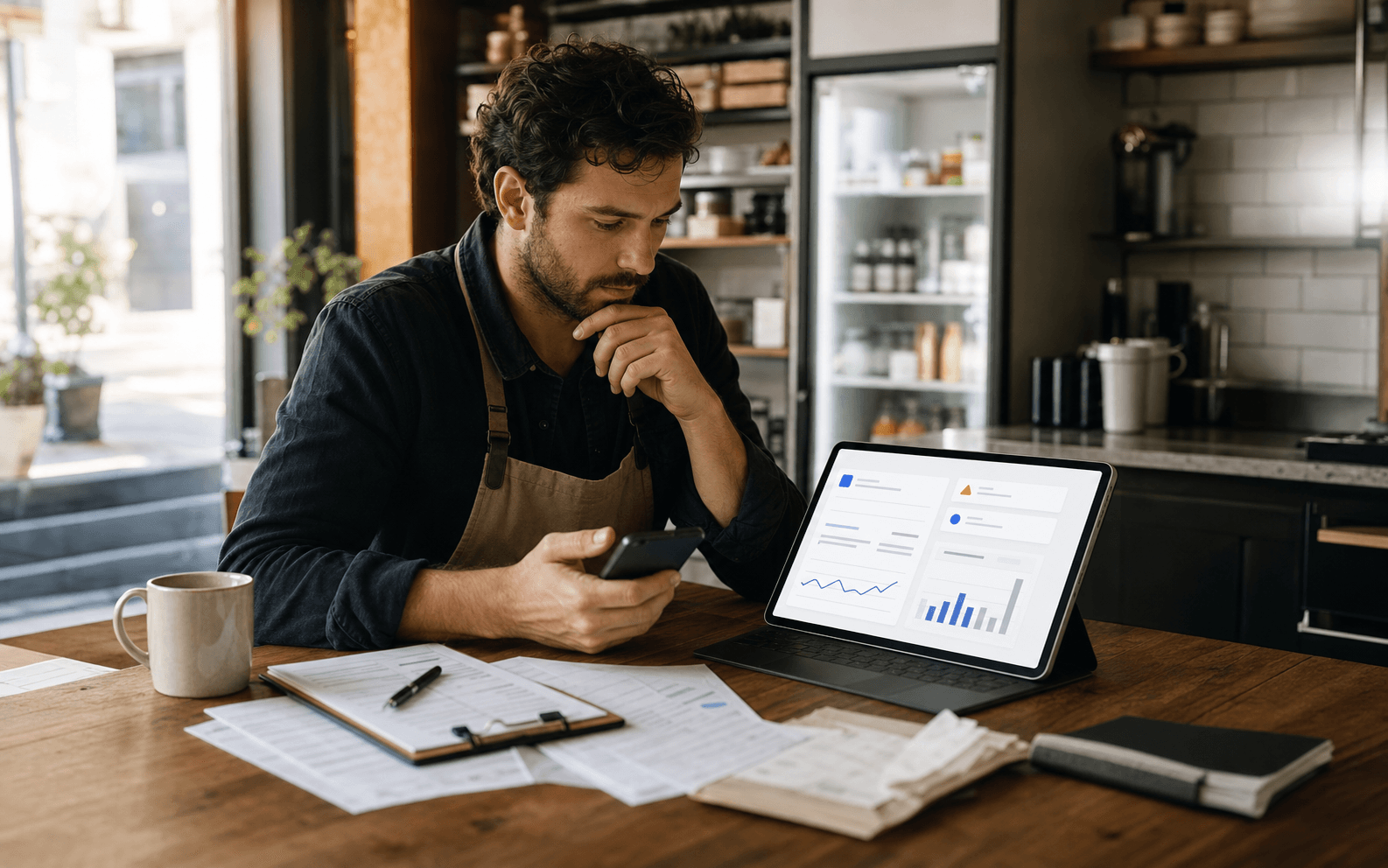 Cafe owner checking supplier price alerts and margin changes on connected devices