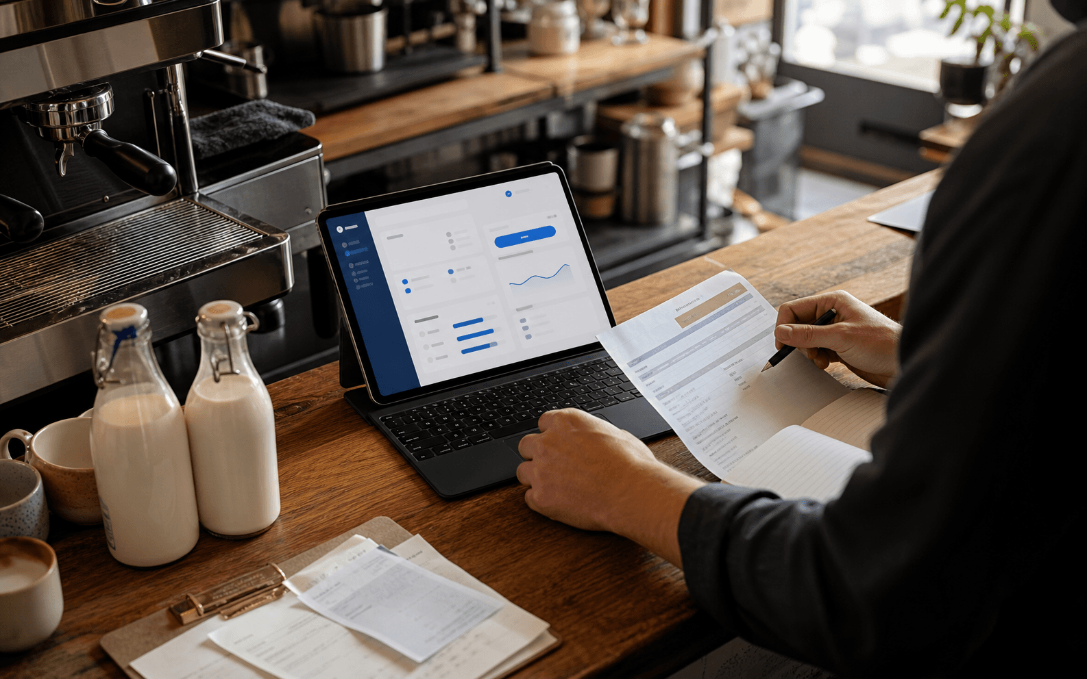 Cafe operator reviewing milk supplier costs and margin impact on a tablet