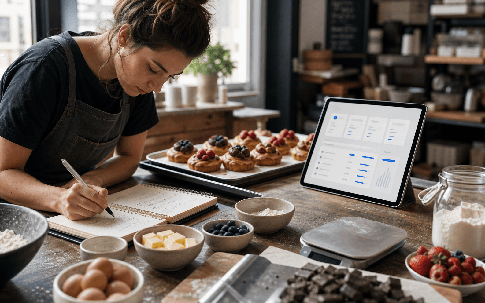 Cafe operator developing a new pastry recipe beside a tablet showing recipe costing drafts