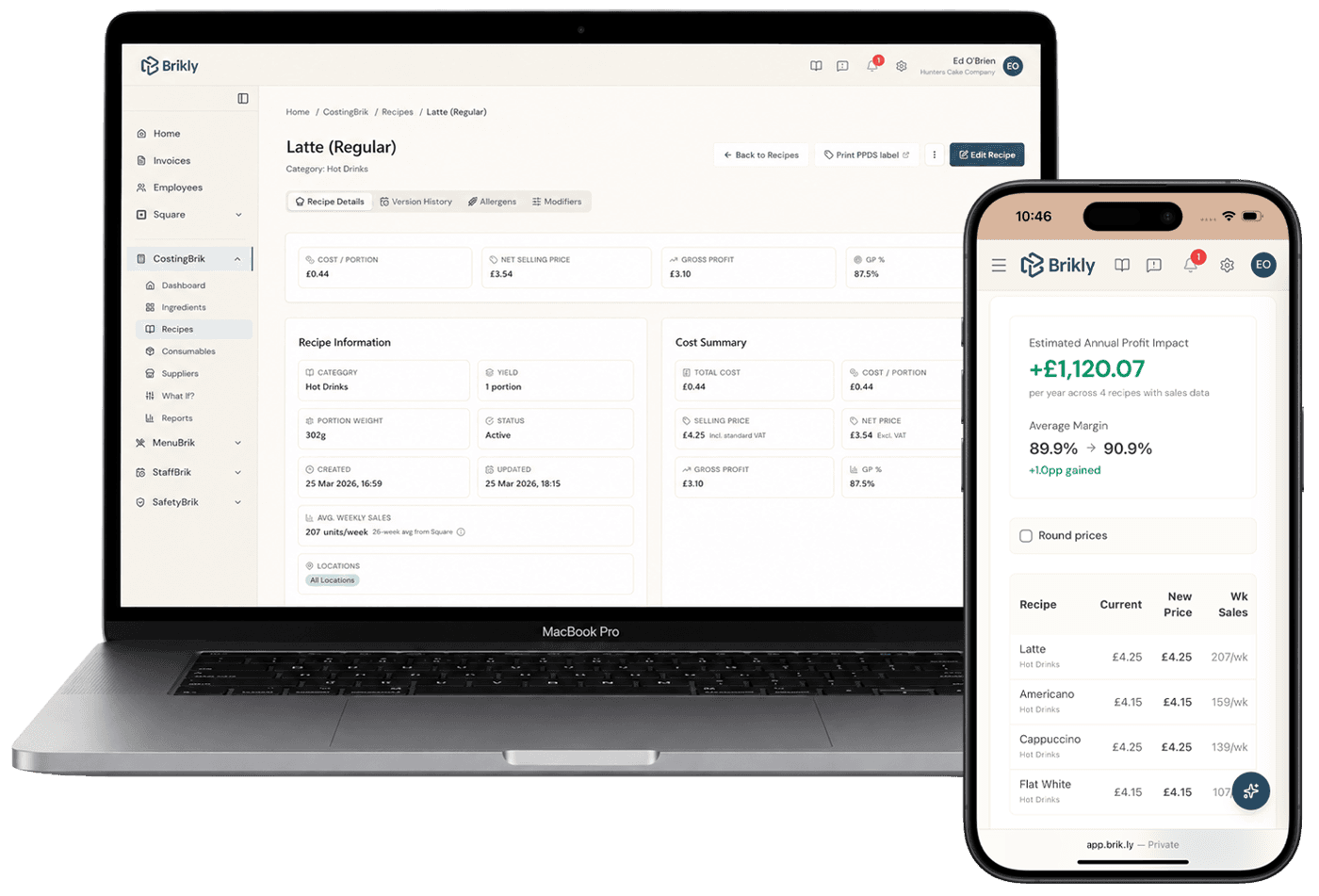 CostingBrik recipe view: Latte (Regular) showing live cost £0.44, sells at £4.25, 87.5% gross profit, with sales from Square POS