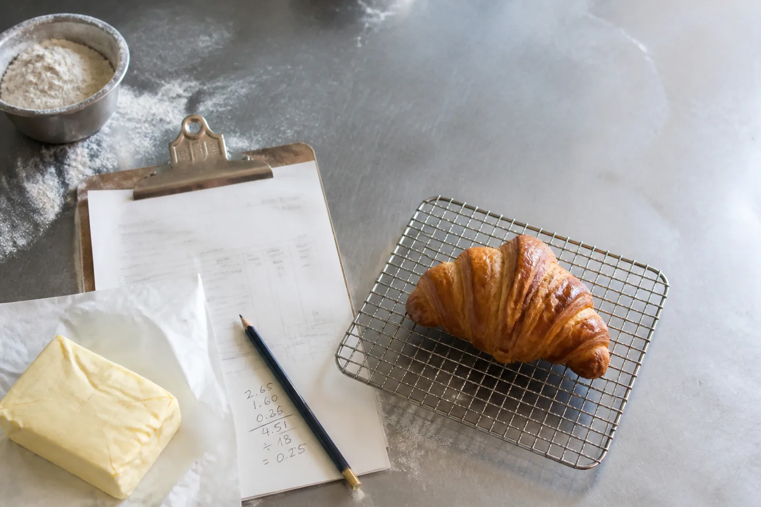 Croissant, butter and a supplier invoice on a bakery worktop