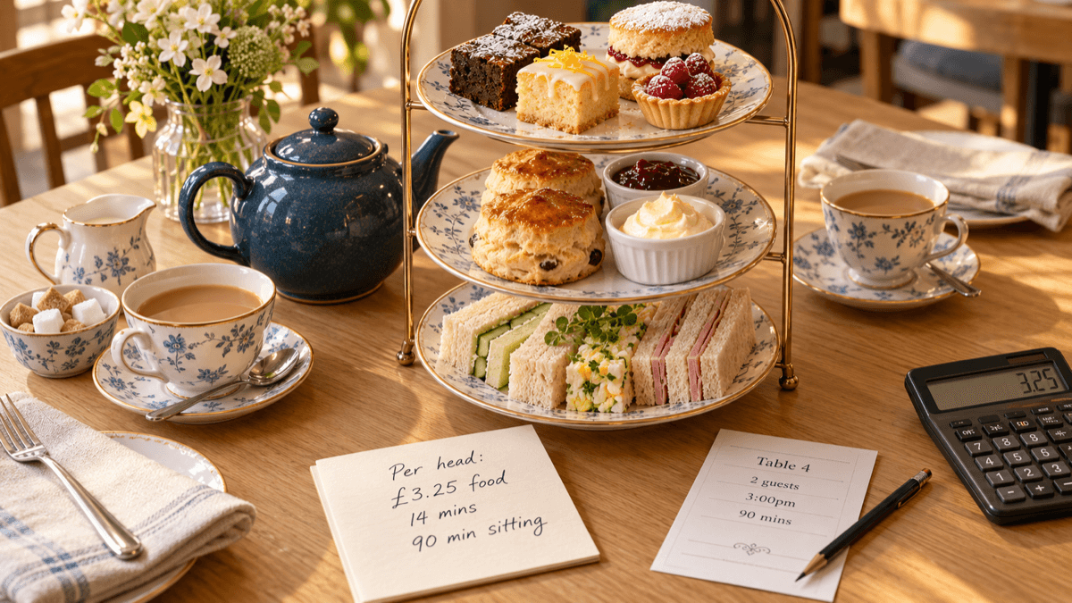 Overhead view of a three-tier afternoon tea stand with finger sandwiches, scones with jam and clotted cream and mini cakes, beside a blue teapot, a handwritten costing card and a printed booking slip on a café table in soft golden light