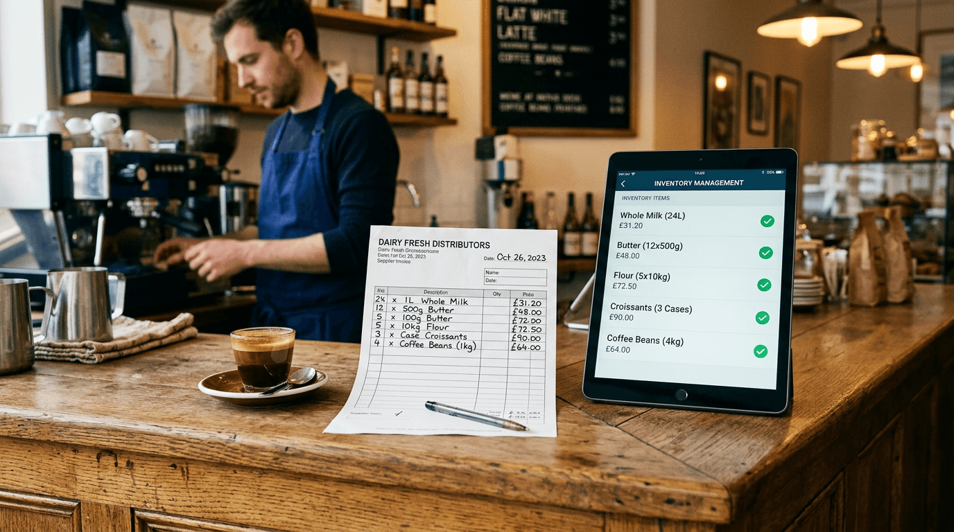 A split view showing a paper supplier invoice on the left and a digital dashboard with extracted line items on the right