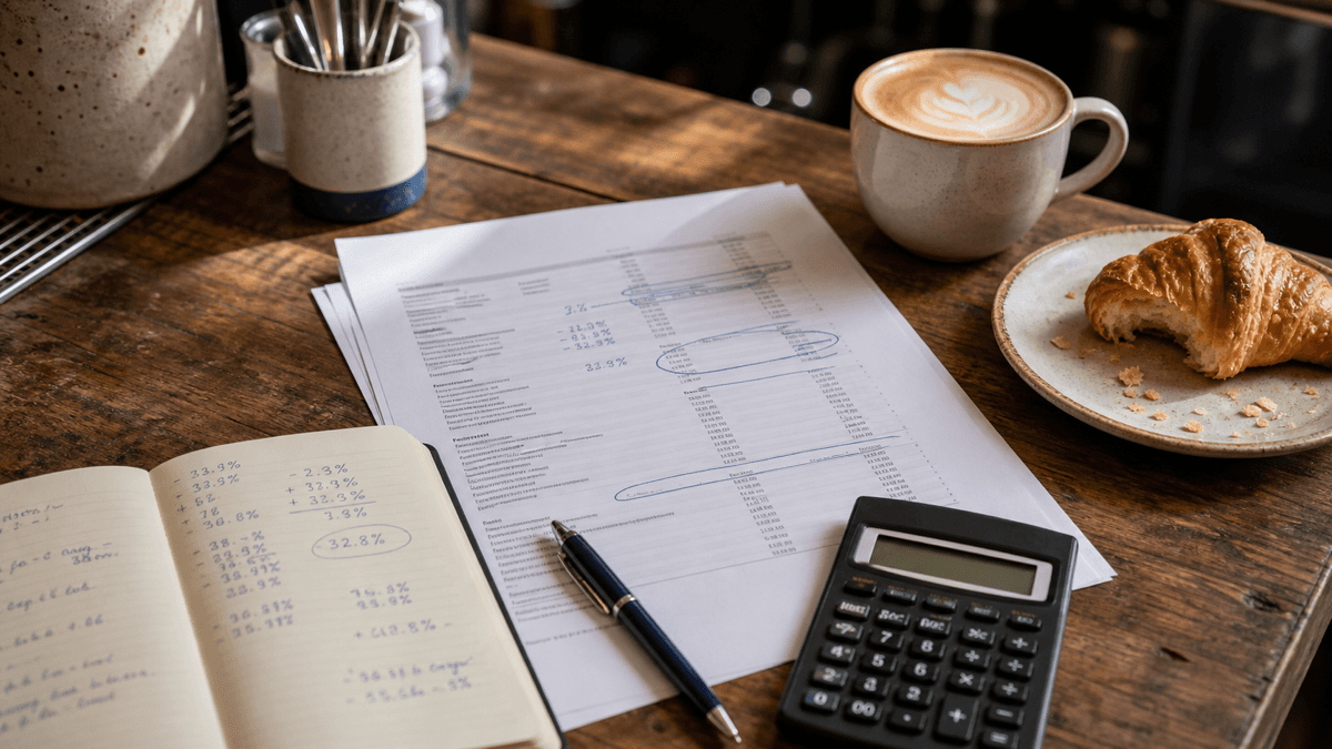 A café counter with a printed P&L statement, calculator, pen, and a flat white beside a croissant, suggesting an owner working through their monthly margins.