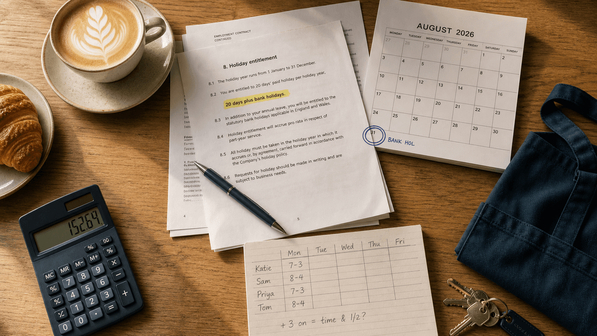Overhead flat-lay of a café table with a printed staff contract, an August wall calendar with Monday 31 circled, a handwritten rota, a calculator and a flat white