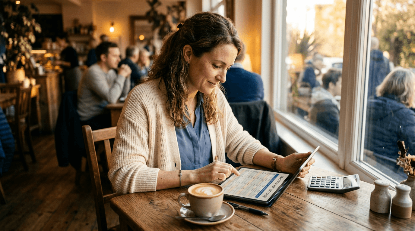 A café manager reviewing a weekly staff rota on a tablet alongside a cup of coffee and a calculator