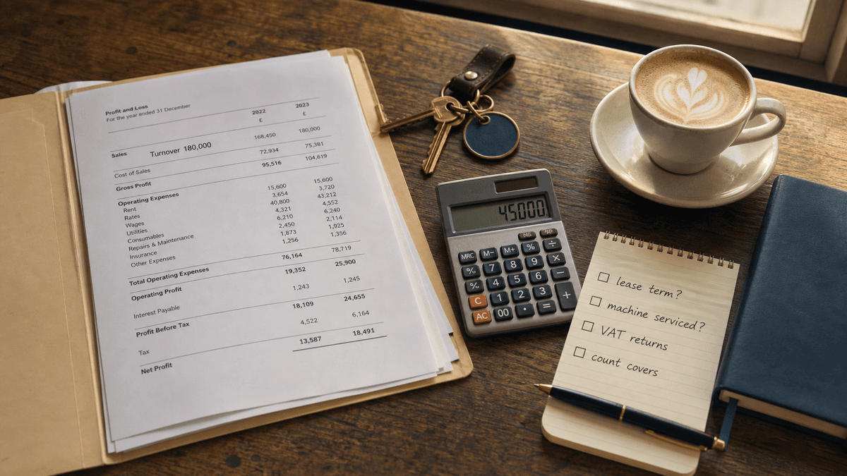 A café table by a window with a manila folder of printed accounts, a set of shop keys, a calculator, a handwritten due-diligence checklist and a cup of coffee in warm afternoon light