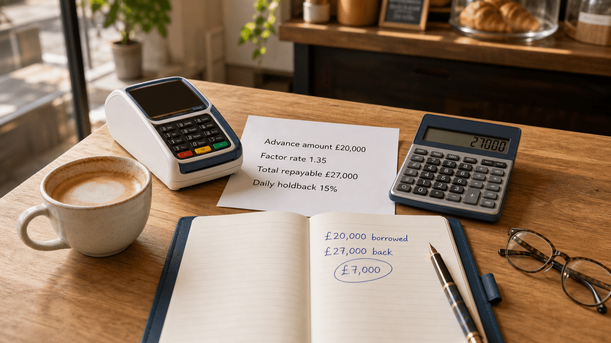 A café counter with a card terminal, a printed finance offer letter, a calculator and a notepad of handwritten sums comparing an amount borrowed against the amount repayable, in morning light